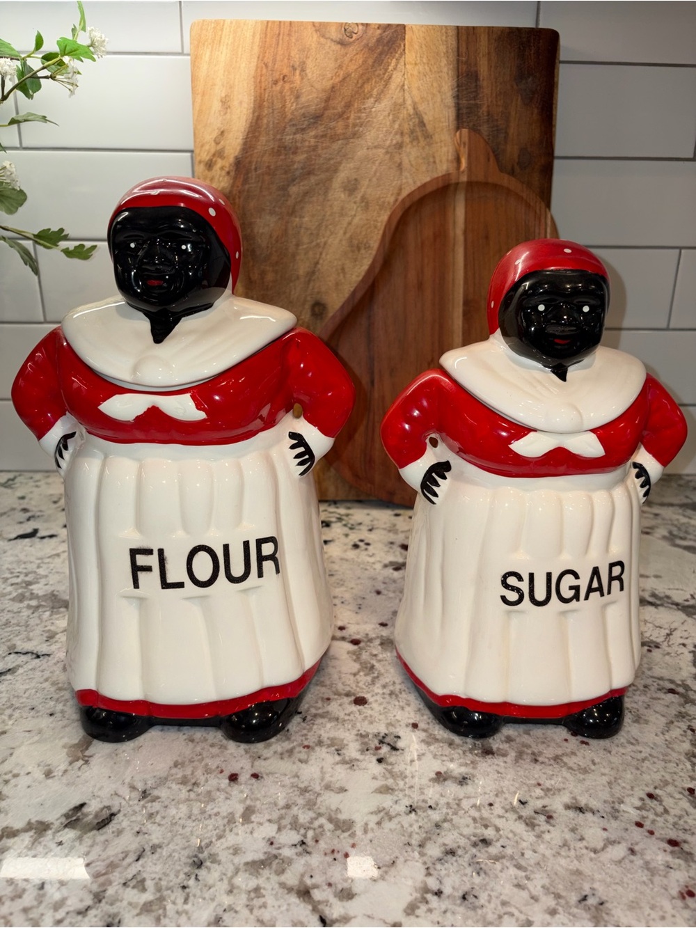 Vintage Aunt Jemima Americana Style Flour & Sugar Ceramic Canisters Folk Art